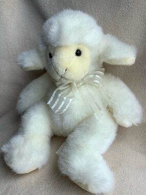 Russ Berrie Plush Fluffles Winter White Cream Lamb w Ribbon Stuffed Animal Toy